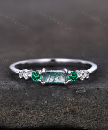 Baguette cut Moss Agate Wedding Band Unique Green Gem Ring Women Silver Ring Antique Moissanite Ring Minimalist Bridal Anniversary Gift