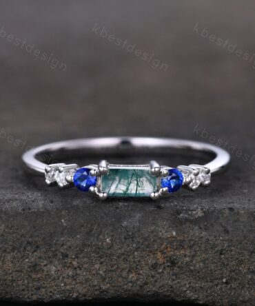 Delicate Moss Agate Weedding Band Baguette cut Band Silver Sapphire Moissanite Wedding Band Minimalist Bridal Stacking Matching Band