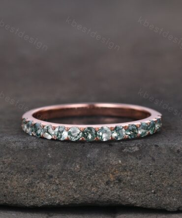 2MM Round cut Moss Agate Wedding Band Rose Gold Half Eternity Wedding Band Natural Moss Agate Stacking Band Minimalist Bridal Promise Gift