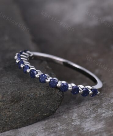 Blue Sandstone Wedding Band, 2MM Round Cut Galaxy Sandstone Band, Silver Wedding Band, Minimalist Stackable Band, Bubble Prong Ring
