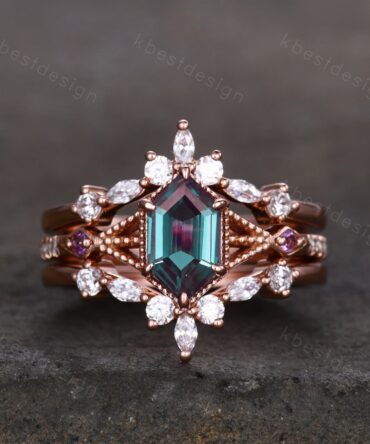 Vintage Alexandrite Engagement Ring Set Unique Rose Gold Hexagon cut ring Moissanite Wedding Band Art deco Milgrain Anniversary Promise Ring