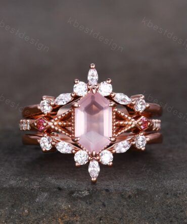 Vintage Rose Quartz Engagement Ring Set Rose Gold Hexagon cut Ring Unique Curve Moissanite Stacking Wedding Band Antique Bridal Promise Ring