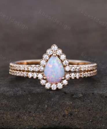 Delicate Opal Engagement Ring Set, 14K Solid Gold Opal Wedding Ring, Pear Shaped Bridal Set, Art Deco Stacking Band, Anniversary Ring