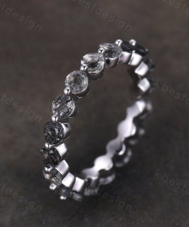 3MM Round Cut Natural Black Rutilated Quartz Wedding Ring Unique Black Gemstone Eternity Band Sterling Silver Ring Promise Ring Antique Ring