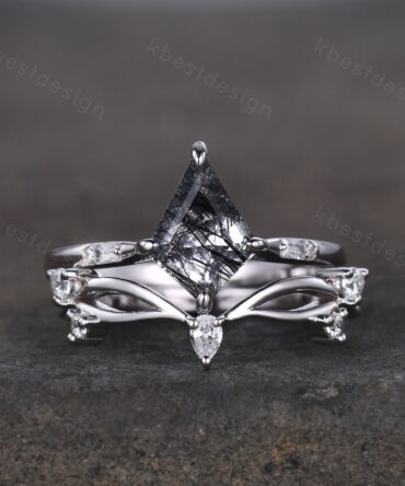 Vintage black rutilated quartz engagement ring 14k white gold kite cut ring art deco curved moissanite stacking band unique bridal ring set