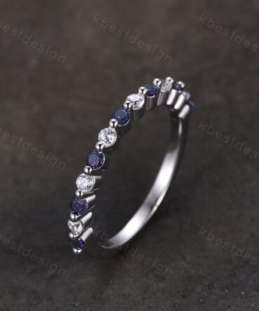 Half eternity blue sandstone Moissanite wedding band sterling silver ring 2mm round cut stacking matching band Minimalist anniversary ring