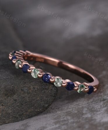 Moss agate wedding band half eternity Rose gold band Blue sandstone wedding band Unique bubble prong ring stackable band Anniversary gift