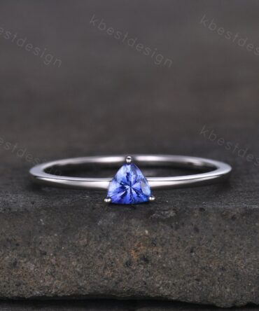 Delicate Tanzanite Ring, Minimalist Silver Ring, Tanzanite Stacking Ring, Trillion Cut Engagement Ring, Unique Anniversary Promise Gifts
