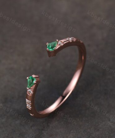 Open Gap Emerald Wedding Band, Rose Gold Kite cut Wedding Ring, Unique Moissanite Stacking Band, Art Deco Wedding Anniversary Ring Gift
