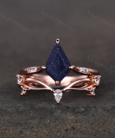 Art deco blue sandstone engagement ring 14k rose gold kite cut ring Unique curved Moissanite wedding band Vintage bridal promise ring