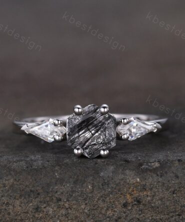 Hexagon Cut Natural Black Rutilated Quartz Engagement Ring Unique Moissanite Ring Sterling Silver Ring Three stone ring Promise Ring