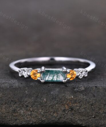 Baguette cut Moss Agate Wedding Band Unique Citrine Sterling Silver Band Antique Moissanite Ring Unique Bridal Matching Stackable band