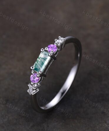 Baguette cut Moss Agate Wedding Band Silver Amethyst Wedding Band Unique Art Deco Stacking Matching Band Promise Anniversary Gift
