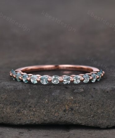 Rose Gold Moss Agate Wedding Band, 2MM Round Cut Wedding Band, Minimalist Stacking Matching Band, Half Eternity Band, Anniversary Gift
