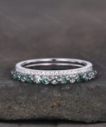 Vintage Moss Agate Wedding Band Silver Moissanite Stacking Band Art Deco Double Band Unique Bridal Promise Gift Platinum Ring