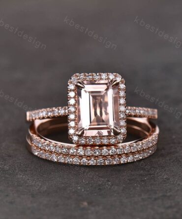 Natural Emerald Cut Morganite Engagement Ring Rose Gold Morganite Wedding Ring Set Minimalist Stacking Matching Bands Bridal Promise Ring