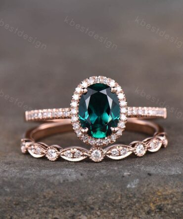Emerald ring vintage unique oval emerald engagement ring set rose gold ring for women Art deco moissanite wedding band May birthstone ring