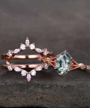 Vintage Hexagon cut Moss Agate Ring Rose Gold Engagement Ring Set Unique Double Curved Moissanite Band Art Deco Wedding Bridal Ring Set