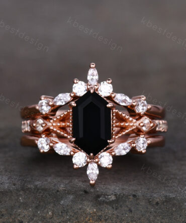 Long Hexagon cut Black Onyx Ring Set Vintage Rose Gold Engagement Ring Unique Double Curved Moissanite Promise Ring Anniversary Ring