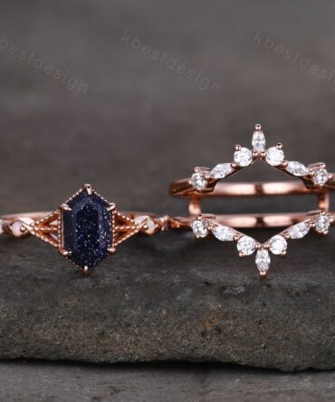 Antique Blue Sandstone Engagement Ring Set Hexagon cut Engagement Ring Unique Art Deco Moissanite Stacking Matching Band Bridal Promise Set