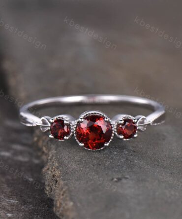 Garnet Ring Unique Round cut Garnet Engagement Ring Three Stone Ring Art Deco Wedding Ring January Birthstone Anniversary Ring for Women