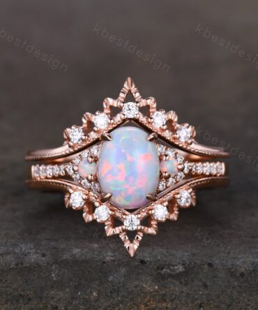 Oval Opal Engagement Ring Set, Rose Gold Rings for Women, Art Deco Stacking Band, Unique Double Curved Wedding Band, Bridal Promise Ring