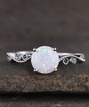Round cut Opal engagement ring sterling silver white fire opal ring Unique art deco emerald wedding ring vintage Bridal Anniversary ring