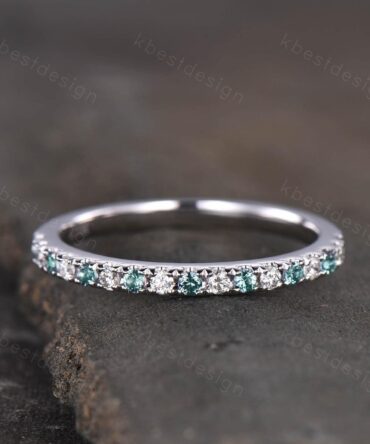 Half Eternity Alexandrite Wedding Band Sterling Silver Rings Alexandrite and Moissanite Wedding Band Minimalist Ring Pave Stacking Band