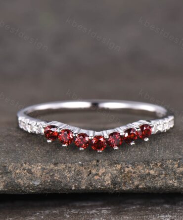 Delicate Garnet Wedding Band Sterling Silver Ring Curved Stacking Ring Gemstone Band January Birthstone Ring Anniversary Gift for Her