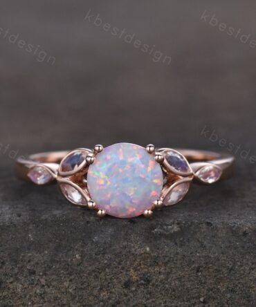 Opal Engagement Ring White Opal and Moonstone Ring Rose Gold Ring for Women Round Opal Bridal Wedding Ring October Birthstone Promise Ring