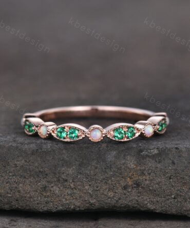 Emerald Opal Wedding Band, Half Eternity Wedding Band, Art Deco Stacking Band, Opal Wedding Ring, Rose Gold Emerald Band, Anniversary Gift