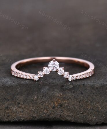 Curved wedding band women vintage round cut Diamond wedding band rose gold unique Moissanite Bridal Stacking promise gift for Her