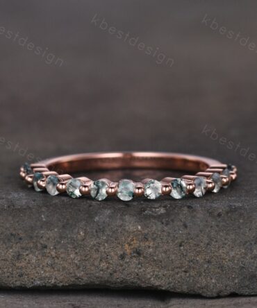 Round cut Moss Agate Wedding Band Unique Rose Gold Wedding Band Antique Bubble Ring Minimalist Bridal Matching Stackable band Gift for her