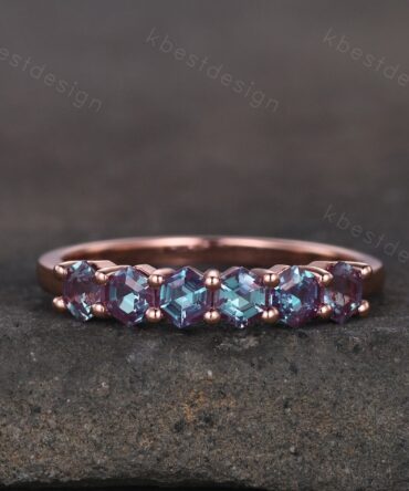 Hexagon cut Alexandrite wedding ring Unique rose gold wedding band 6-stone ring Minimalist Bridal matching stackable band June Birthstone