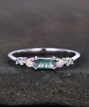 Baguette cut Moss Agate wedding band sterling silver Opal wedding band seven stone moissanite cluster ring unique women bridal ring