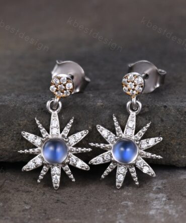 Sterling Silver Moonstone Star Earrings, Rainbow Moonstone Stud Earrings, June birthstone Gift, Dangled Conch Stud, Vintage Stud Earrings