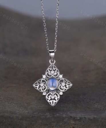 Antique Filigree Moonstone Necklace, Unique Sterling Silver Necklace, Art Deco Milgrain Pendant Necklace, White Gold Necklace for Women