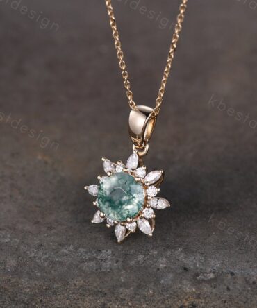 Natural Moss Agate Necklace, 14K Solid Gold Necklace, Unique Diamond/Moissanite Pendant, Art Deco Round cut Necklace, Necklace for Women