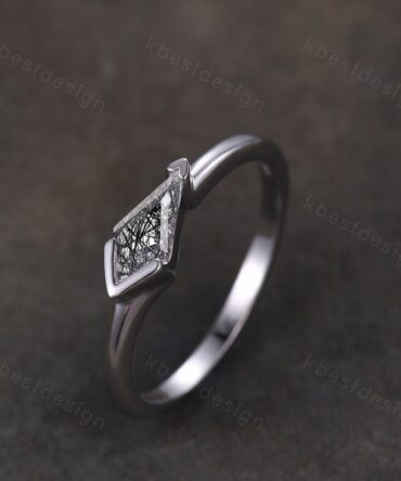 Vintage black rutilated quartz engagement ring silver kite cut ring art deco black gemstone ring women wedding bridal ring delicate ring