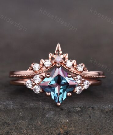 Princess cut Alexandrite engagement ring set 14k rose gold vintage Moissanite ring Art deco opal stacking band unique bridal wedding ring