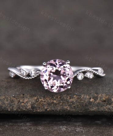 Round Pink Morganite Engagement Ring Art Deco White Gold Morganite Ring Unique Diamond Wedding Ring for Women Promise Ring Anniversary Gift