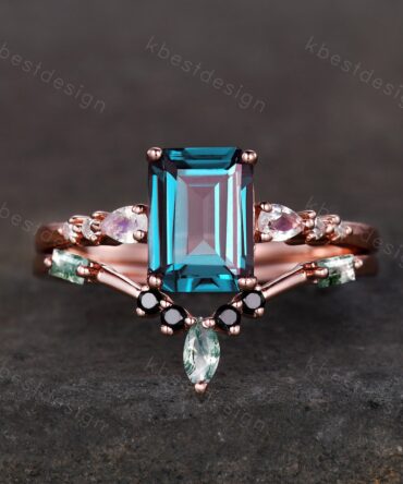 Emerald cut Alexandrite engagement ring set rose gold ring for women vintage pear moonstone ring baguette cut moss agate band Promise ring