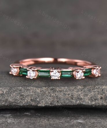 Baguette Emerald Wedding Band Rose Gold Band Half Eternity Emerald and Moissanite Band Unique Stacking Band May Birthstone Anniversary Gift