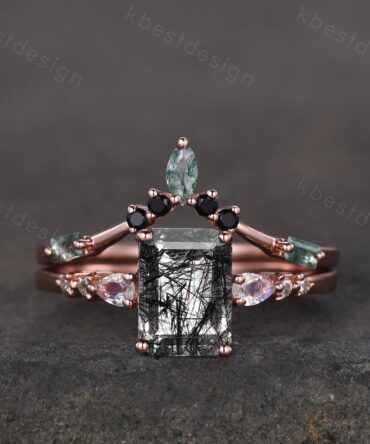 Vintage black rutilated quartz engagement ring 14k rose gold emerald cut ring curved stacking matching band unique bridal wedding ring set