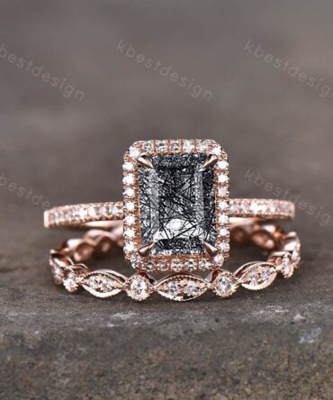 Vintage Emerald cut black rutilated quartz engagement ring set 14k rose gold art deco wedding ring for women unique bridal promise ring set