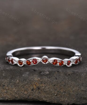 Art Deco Ring Half Eternity Garnet Wedding Band Delicate Curved Stacking Band January Birthstone Ring Sterling Silver Ring Anniversary Gift