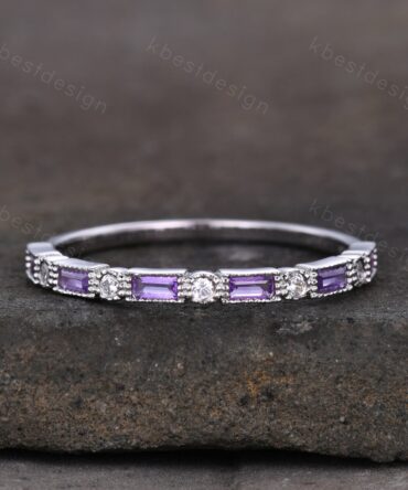 Natural Amethyst Ring, Baguette Amethyst Wedding Band, February Birthstone Ring, Art Deco Stacking Matching Band, Anniversary gift for women