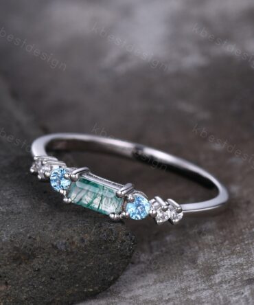 Vintage moss agate wedding ring unique baguette cut ring art deco blue topaz wedding band 7 stone ring moissanite wedding ring for women
