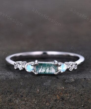 Baguette cut Moss Agate ring vintage seven stone ring unique moonstone wedding ring art deco cluster ring moissanite wedding promise ring