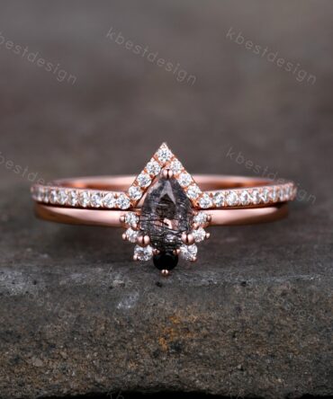 Dainty Black Rutilated Quartz Engagement Ring Set Rose Gold Art Deco Moissanite Stacking Band Minimalist Ring Unique Wedding Bridal Ring Set
